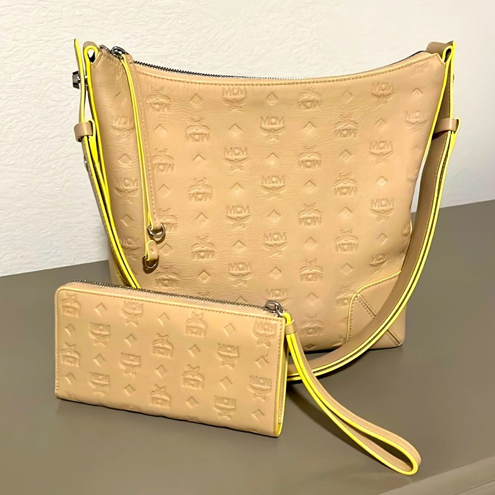 MCM Klara Medium Monogram Leather Hobo Bag in Croissant with matching wristlet